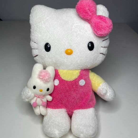 Vintage 2004 Sanrio Smiles Hello Kitty Plush 10” Holding Mini Bunny Pink Yellow - Picture 1 of 10